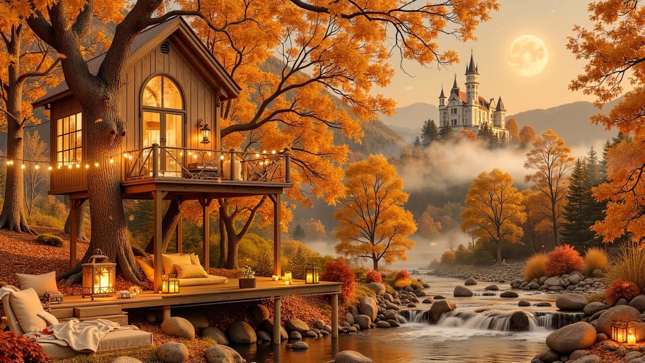 🍂 Cozy Autumn Night | Smooth Jazz & Riverside Cabin Under the Full Moon for Relaxation 4K