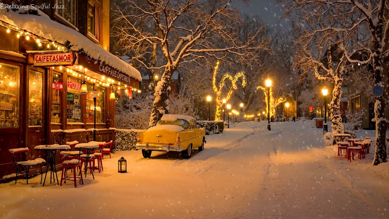 Quiet Winter Night Jazz by a Snowy Riverside Coffee Shop Village ❄️ Cozy Ambience for Rest & Relax ☕