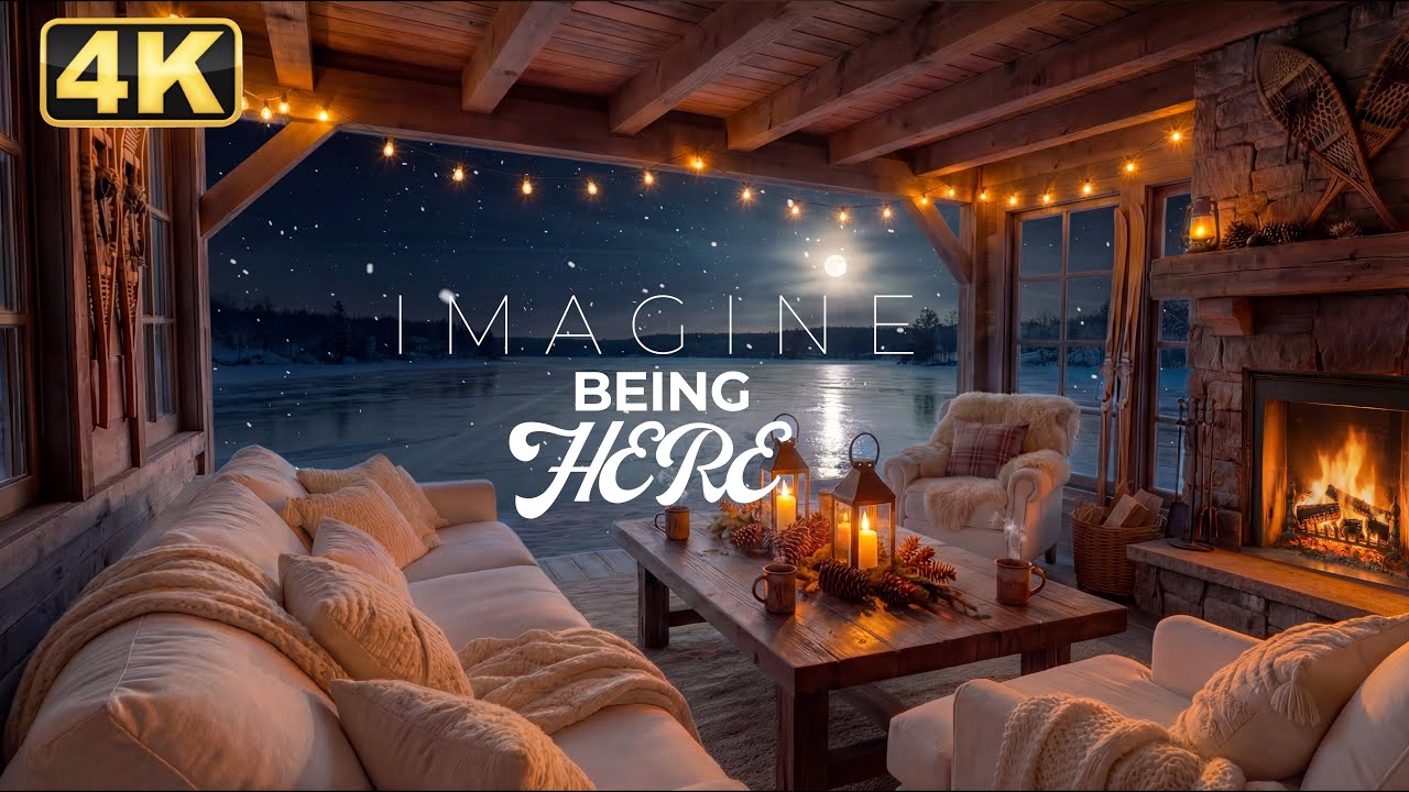Imagine Being Here 🌙 Cozy Winter Cabin by the Lake | Fireplace, Candles & Soft Night Ambience 4K