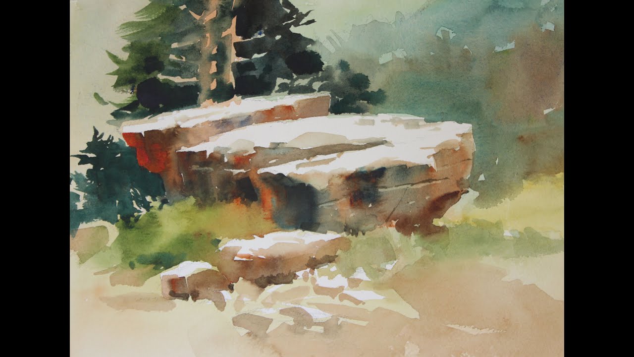 Watercolor demo of painting rocks