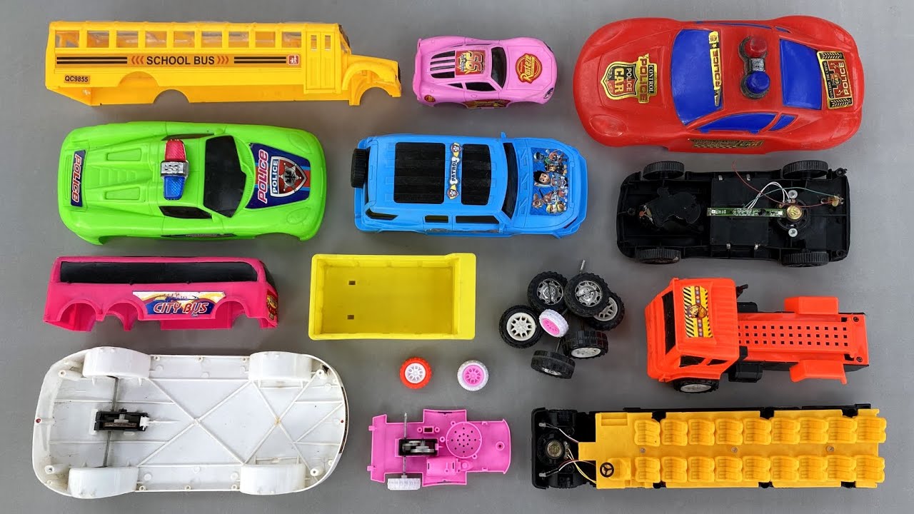 Assemble Vehicles Toy School Bus, Dump Truck, Police Car, Cippest Toy Bus & some Car Toys