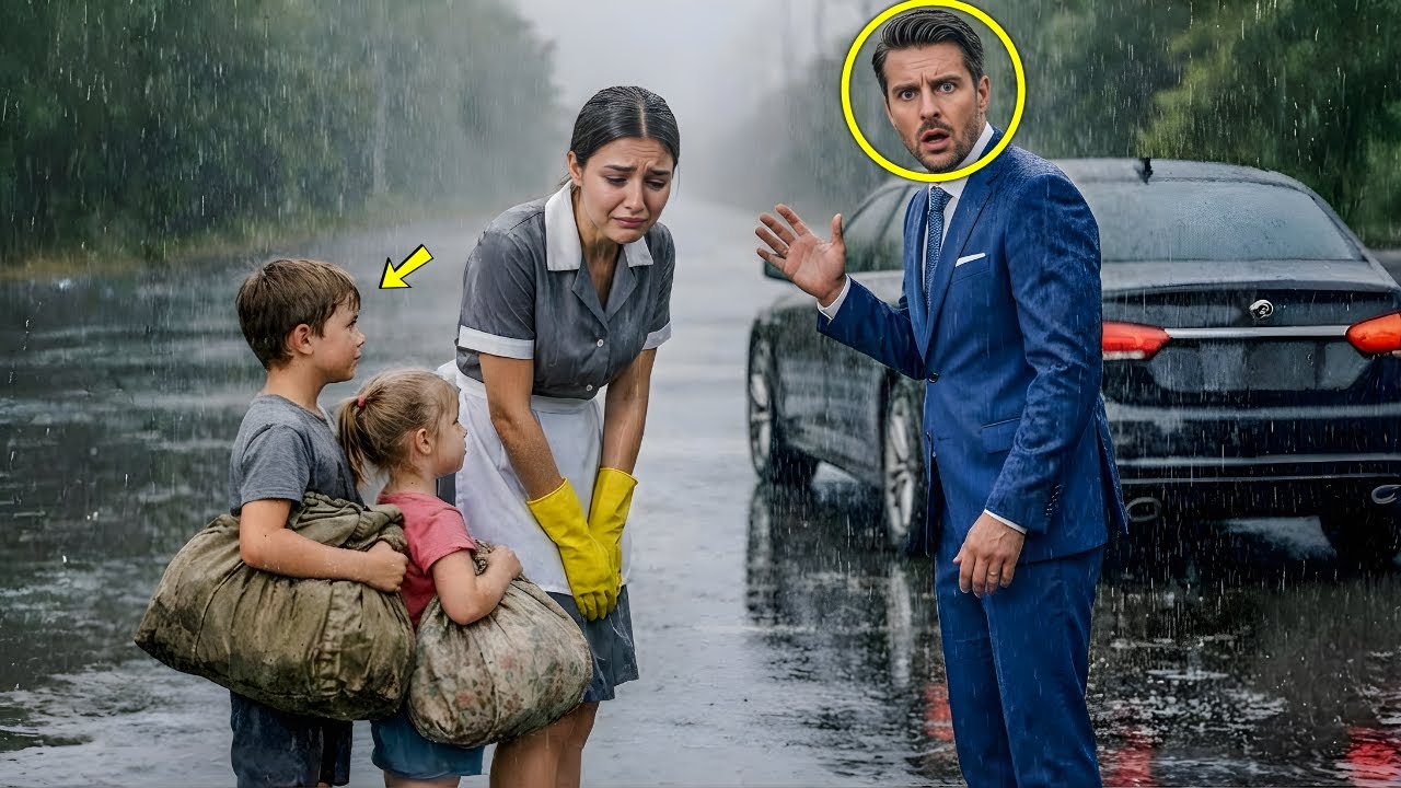 O EMPRESÁRIO IA AO CASAMENTO… QUANDO ENCONTROU SUA FAXINEIRA COM OS FILHOS NA ESTRADA SOB A CHUVA