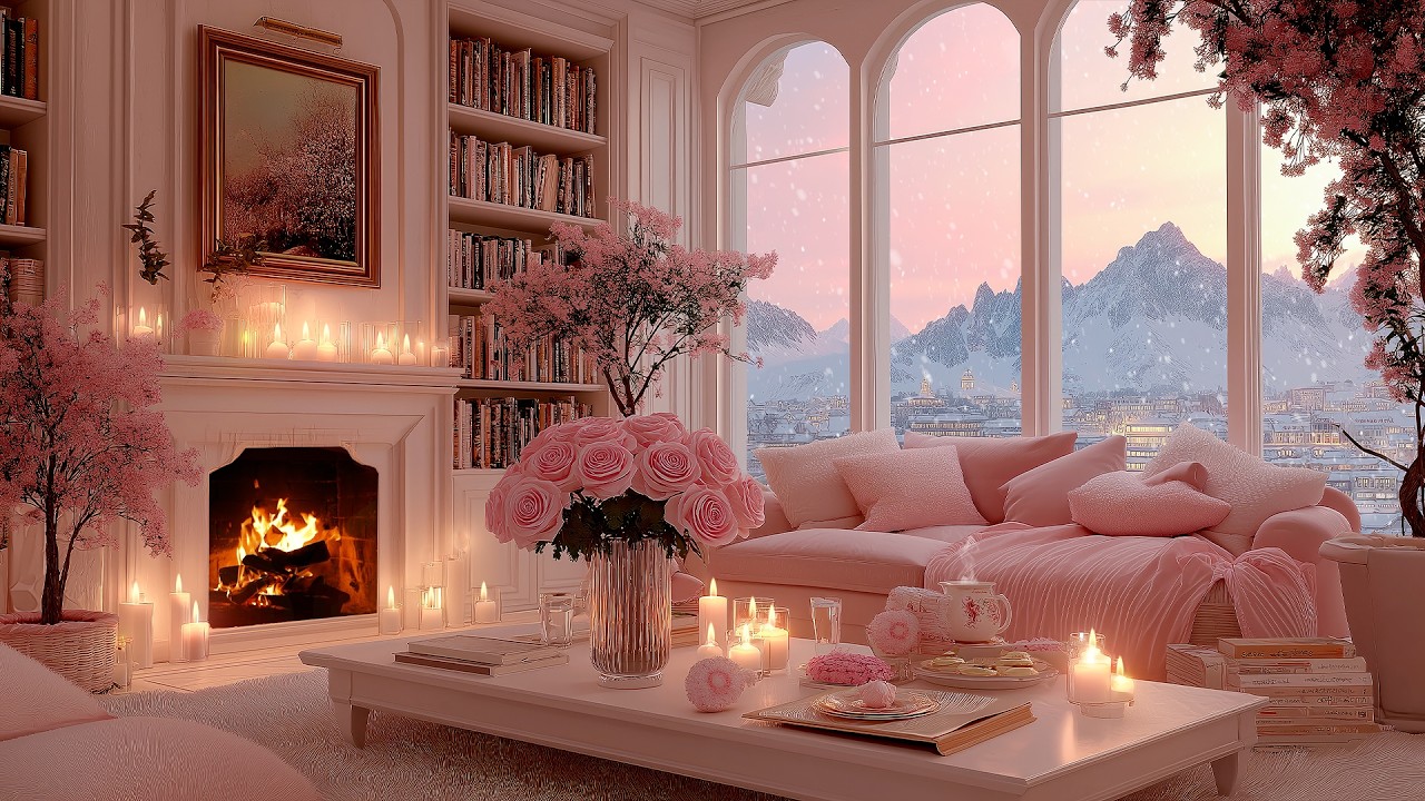 Cozy Living Room Ambience with Soft Piano Music 🌺  Crackling Fireplace for Calm Focus & Healing