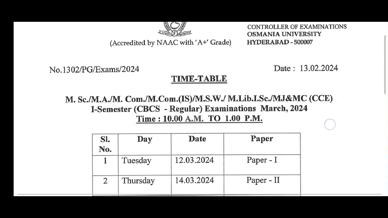 OU PG I semester exam time table March 2024