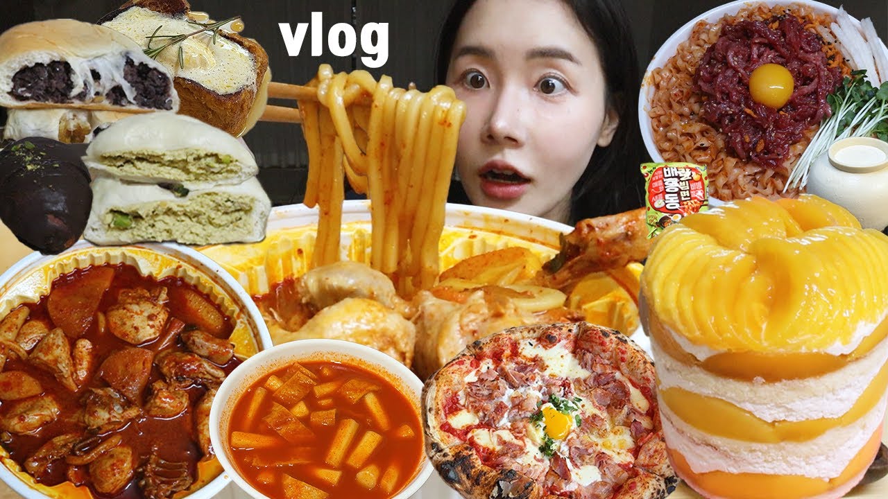 먹방 브이로그) 생일에는 먹는 거라고 들었어요🎂 (플디 망고케이크, 엽닭+우동, 신라호텔 더파크뷰, 배홍동칼빔면+육회, 소베 쫀득빵, 두바이초콜릿소금빵, 피자, 공룡떡볶이)
