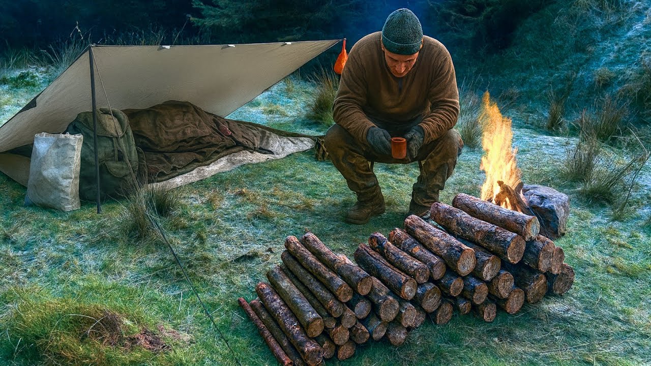 Freezing Cold Bivvy Camp In The Big Northern Mountains Next To A Stream - Campfire Cooking