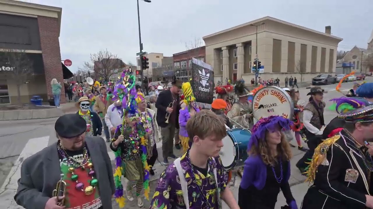 River City Brass Band: Mardi Gras Sidewalk Parade to bank area, Downtown Lawrence, KS 2/17/26