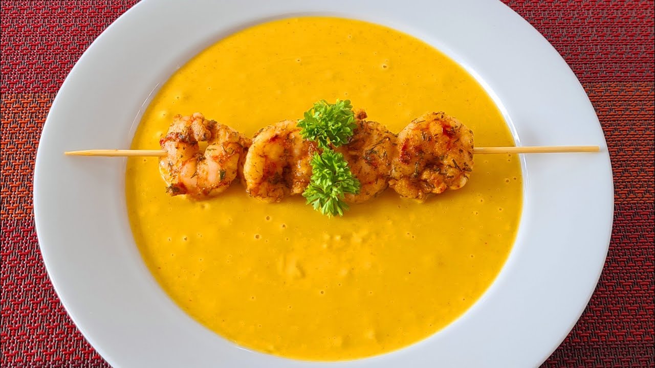 Kürbis-Süßkartoffel-Ingwer-Suppe mit Garnelen / Gluten- und laktosefreies Rezept 😋