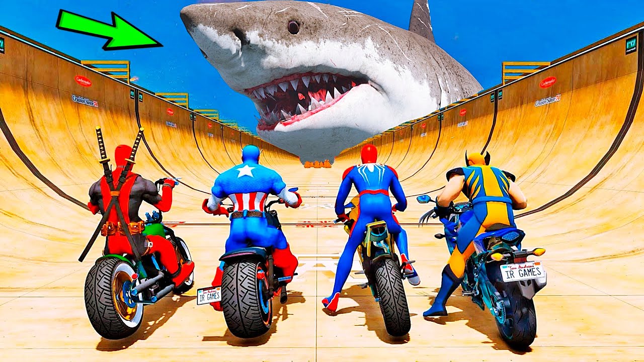 HOMEM ARANHA e AMIGOS SALTO COM MOTOS! SPIDERMAN vs BIG SHARK - IR GAMES