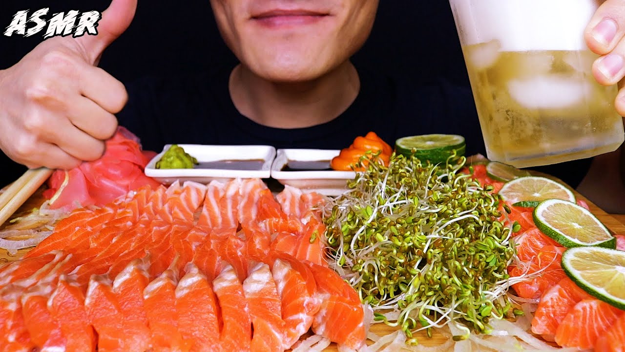 ASMR Raw Salmon Sushi Sashimi & Lime Topping, Japanese Wasabi, Spicy Mayo, Crispy Sprouts | COC ASMR