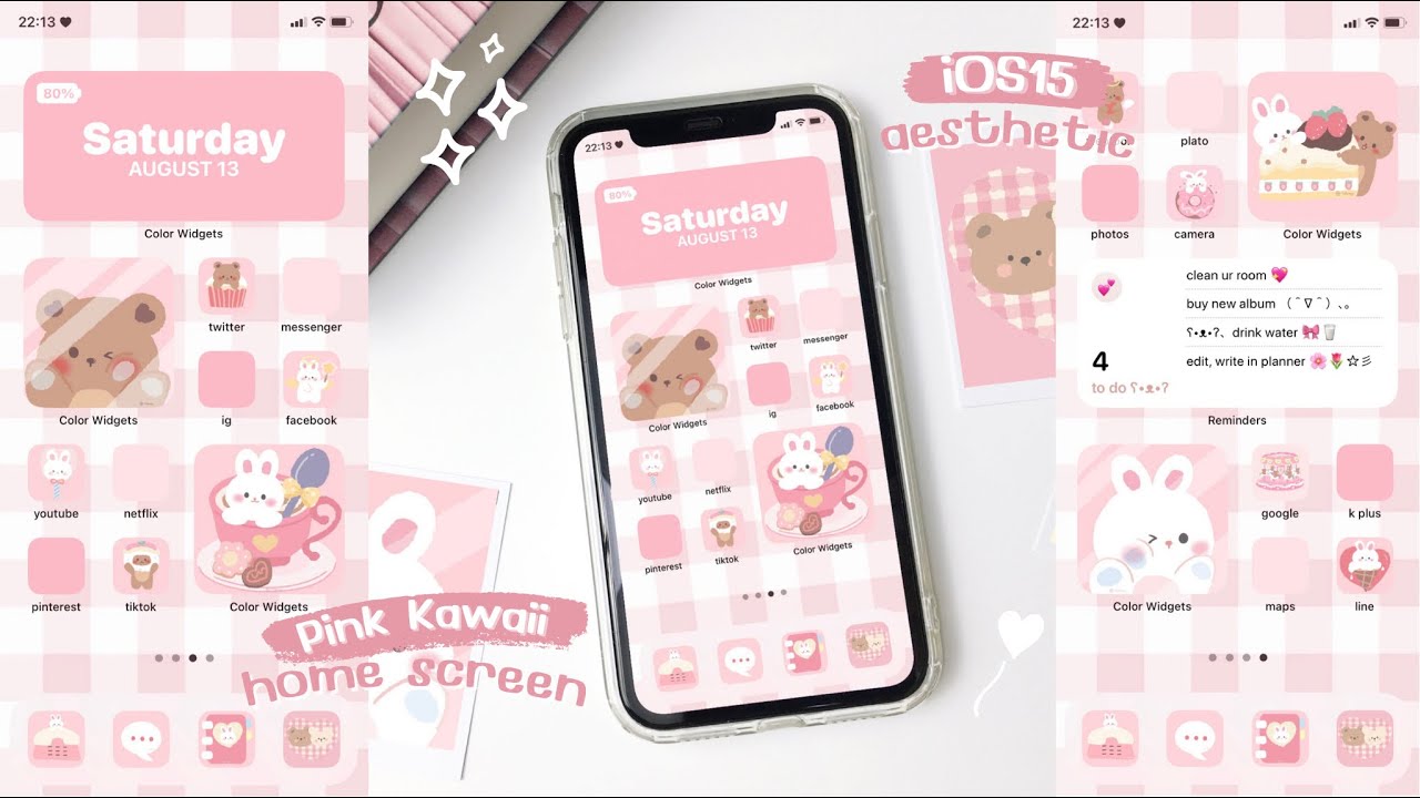 customize your iphone aesthetic 🌷 (pink kawaii theme) ios15 🐰 | how to have an aesthetic phone