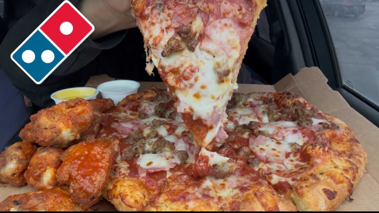 Dominos Mukbang || Пицца для любителей мяса + куриные крылышки Баффало