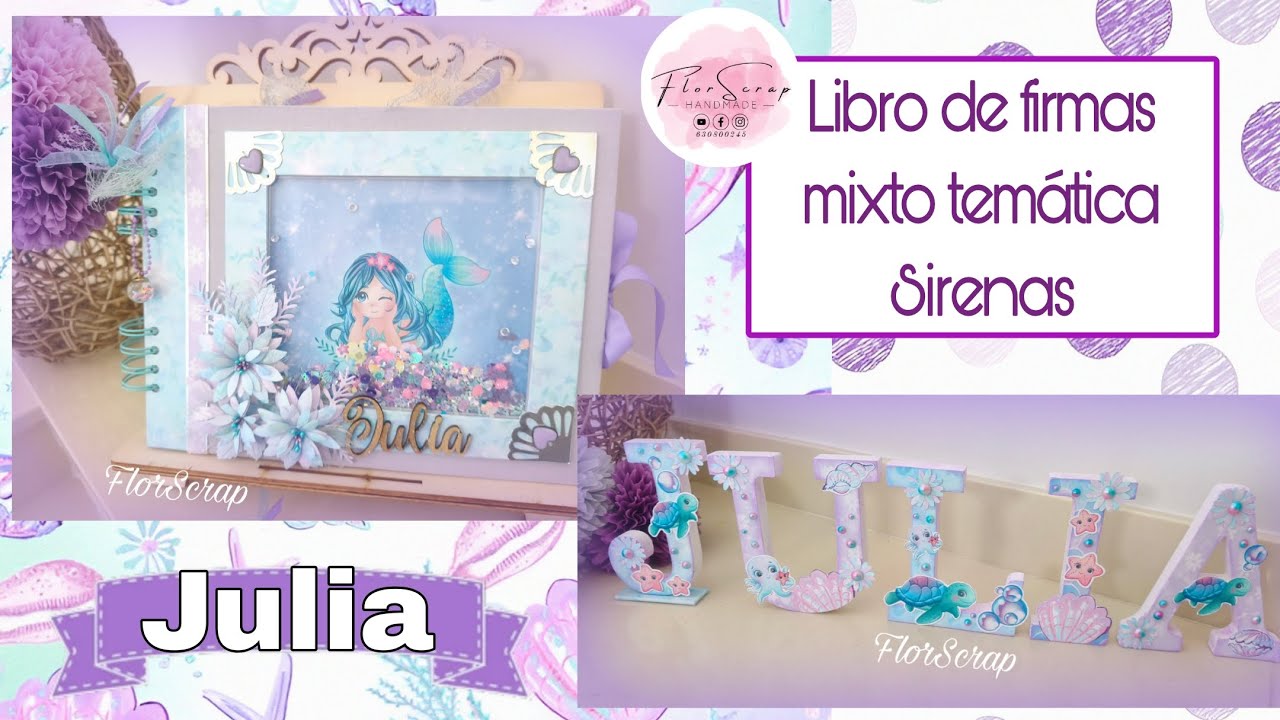 Libro de firmas mixto temática sirenas más nombre decorado letras madera. JULIA💜🩵