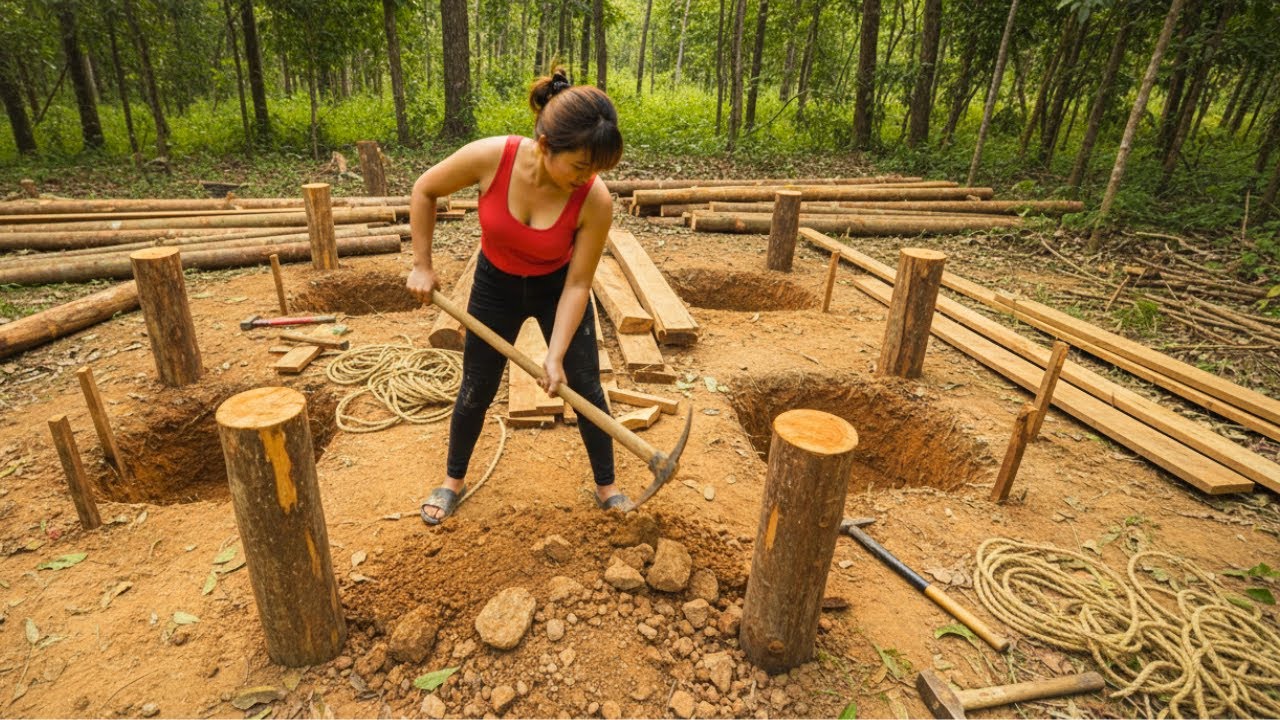 Talented Girl Builds Wooden Floor by Hand  - 30 Days Alone in the Deep Forest