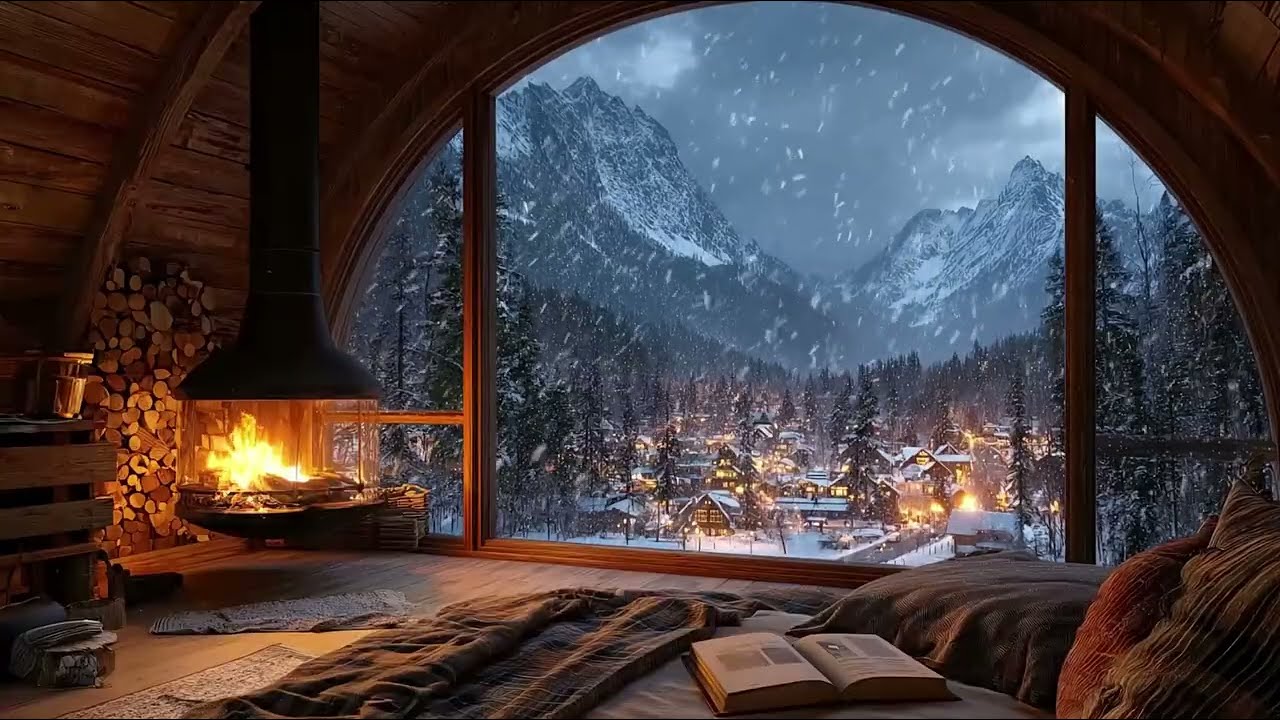 Cozy Winter Cabin Night ❄️🔥 | Snowfall, Fireplace Crackles & Wind for Deep, Restful Sleep