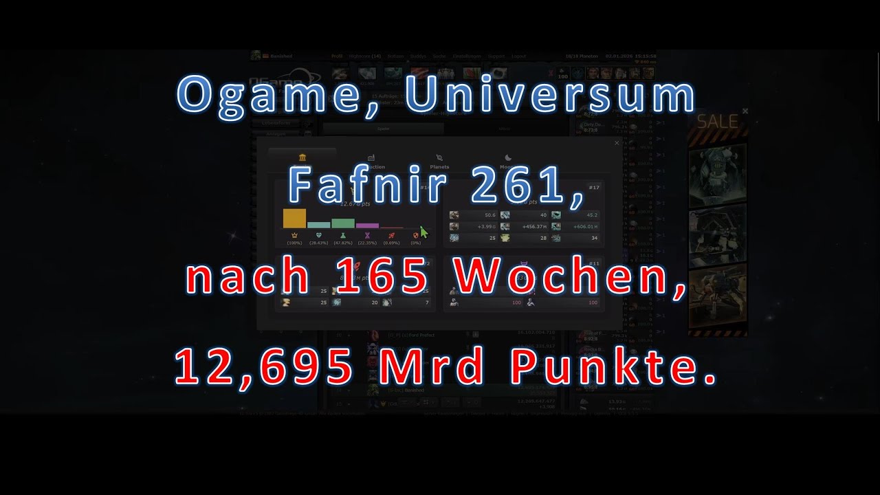 Ogame, Uni Fafnir 261, nach 165 Wochen,  12,695 Mrd. Punkte, Met 51 Minen, Account Überblick.