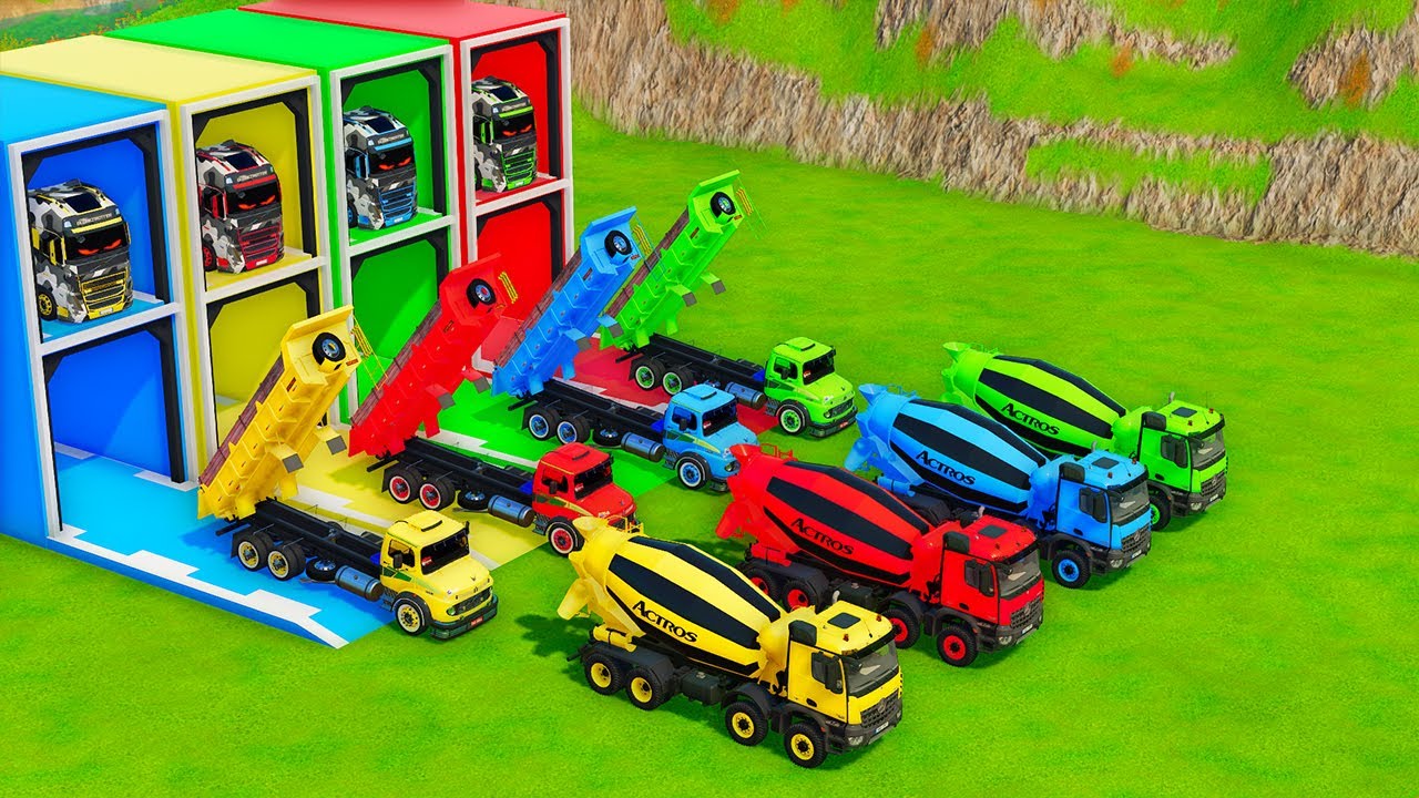 Garage with Colors - ALL MIXER TRUCKS WITH DOUBLE FLATBED TRAILER TRUCK, IVECO, SCANIA, CLAAS - FS22