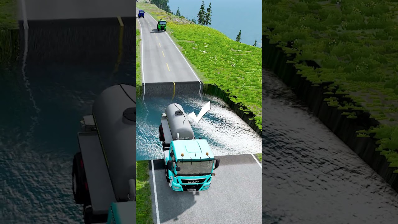 Tanker trucks crossing large water pit #118 | #doublespeedbumps  #carsvswaterpit #carsvsdeepwater