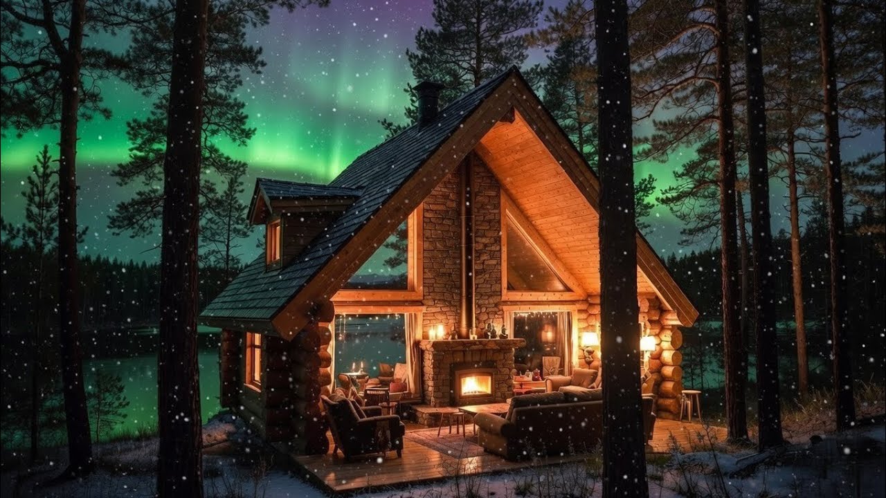 You’re Safe Tonight Warm Forest Cabin Fireplace + Aurora Over Snowy ❄️🌲 432Hz 8 Hours  Deep Sleep