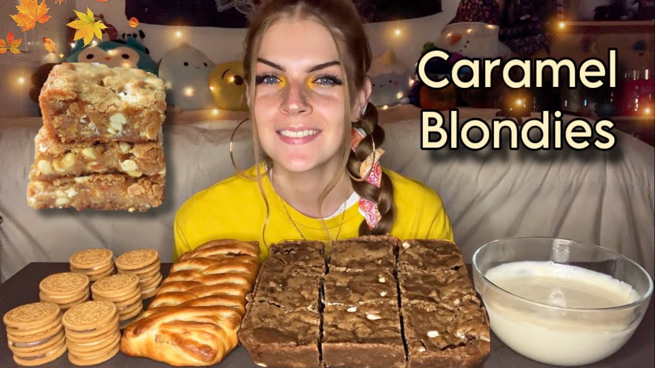 CARAMEL BLONDIES AND WHITE CHOCOLATE DIP MUKBANG! (Vegan)