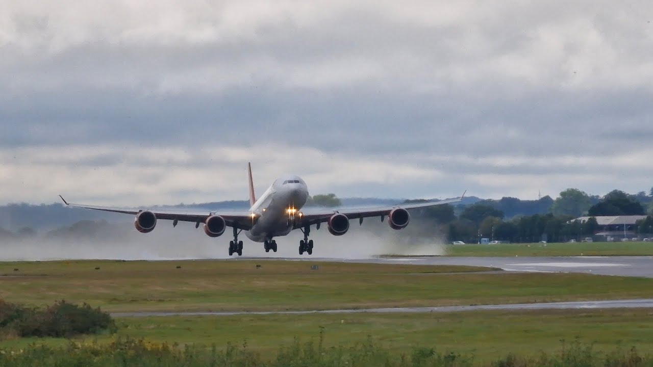 European Cargo A340-600 take off G-ECLM Bournemouth Airport