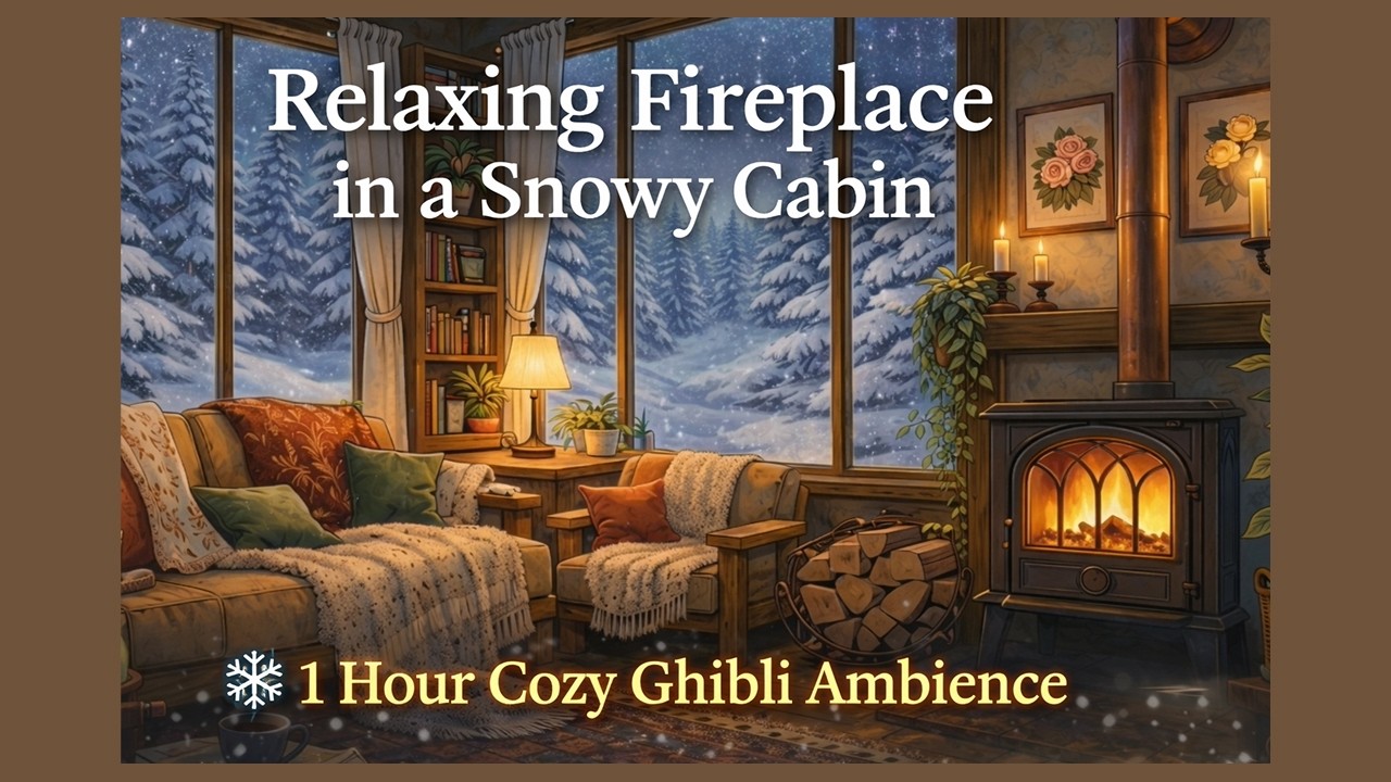 Relaxing Fireplace in a Snowy Cabin ❄️ 1 Hour Cozy Ghibli Style Ambience