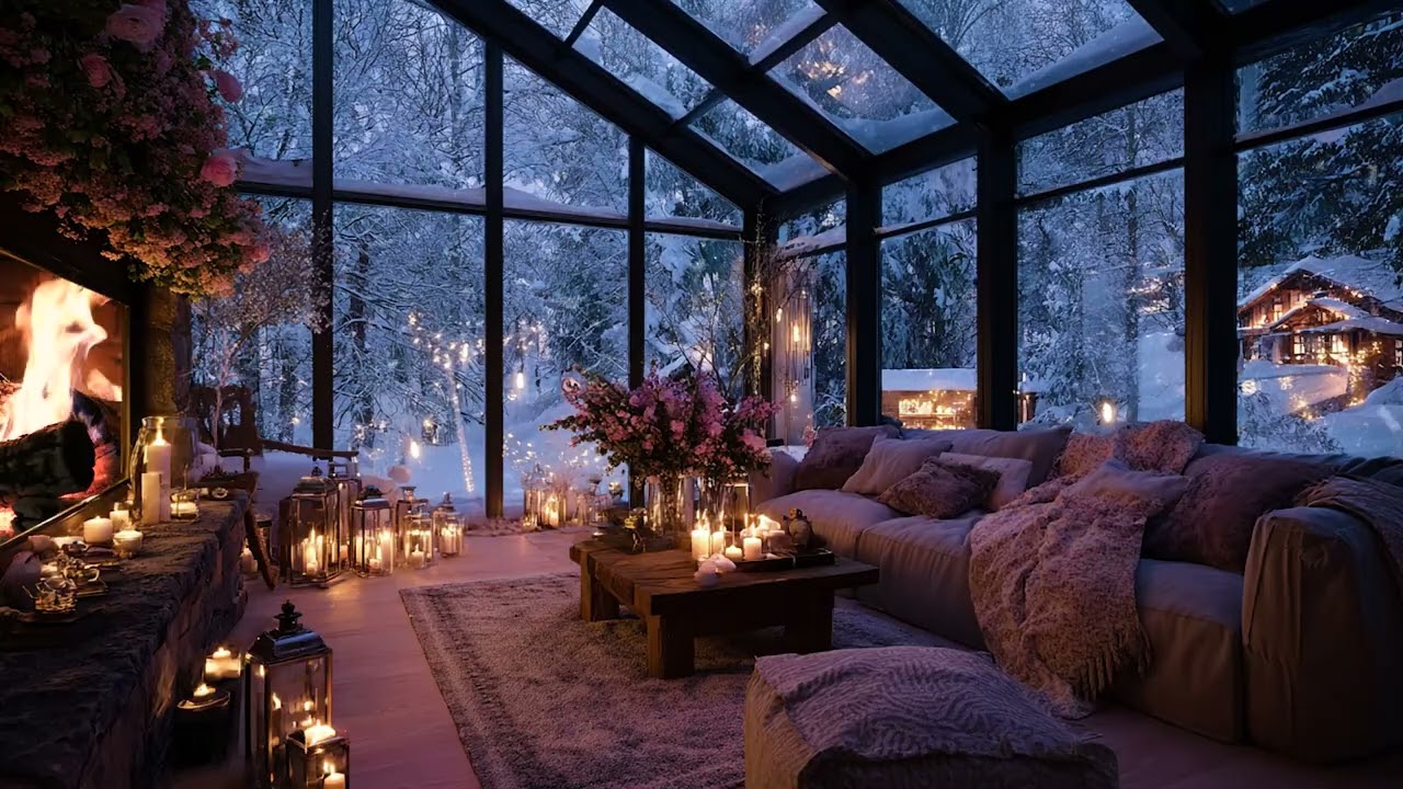 Silent Snowy Wind Outside at Night | Gentle Fireplace Crackles for Warmth and Deep Relaxation