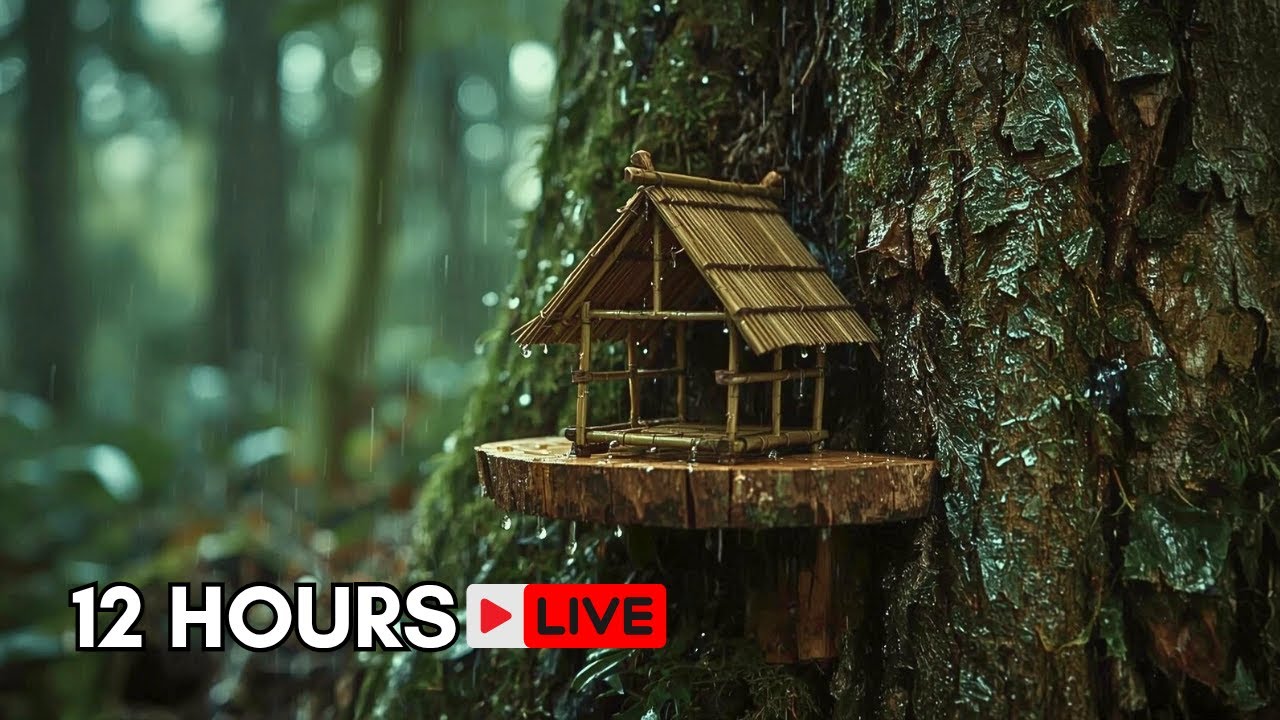 12 HOURS LIVE  Heavy Rain on Tiny Bamboo Tree House | Forest ASMR for Deep Sleep & Relaxation