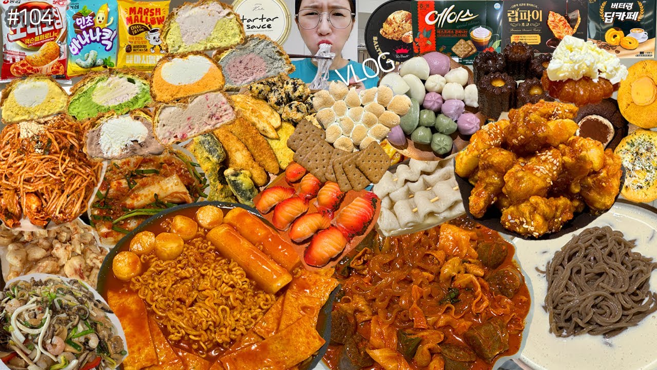SUB)먹방 VLOG)인생콩국수+닭강정+겉절이 순대곱창+튀김 쌀떡볶이&라볶이+어묵 크림가득쿠키슈 스모어딥 까눌레 꿀떡 묵은지아구찜 짜장면+탕수육 연어초밥 남해여행 MUKBANG
