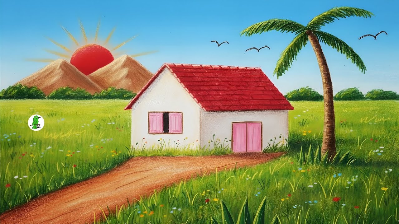 Simple Village House Drawing for Beginners | সুন্দর গ্রামের দৃশ্য আঁকা
