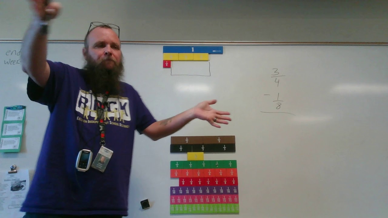 Subtract fractions with unlike denominators using fraction strips