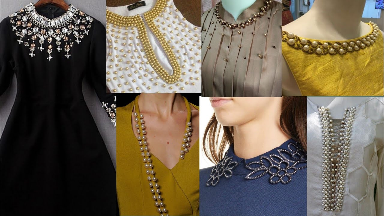 ❣️Trendy pearl,Beads and stone work neck designs for Dresses/Neck Designs with pearl and laces