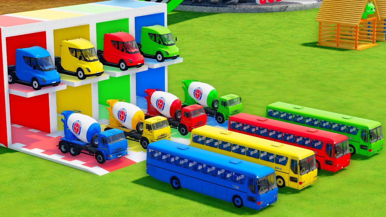 Garage with Colors - ALL MIXER TRUCK WITH DOUBLE FLATBED TRAILER TRUCK, TESLA, KAMAZ, LIZARD - FS22