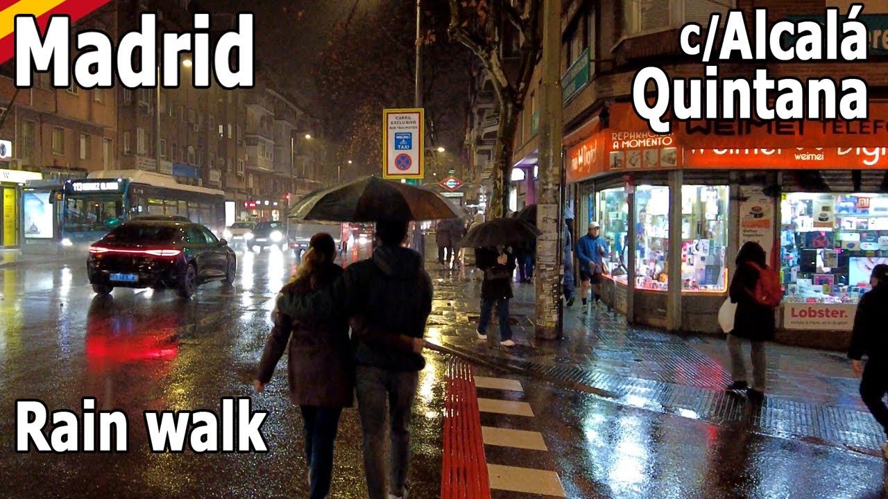 [4K] Madrid rain walk☔ at non-touristy neighborhoods: Quintana & visit to Alcala Norte mall. Spain