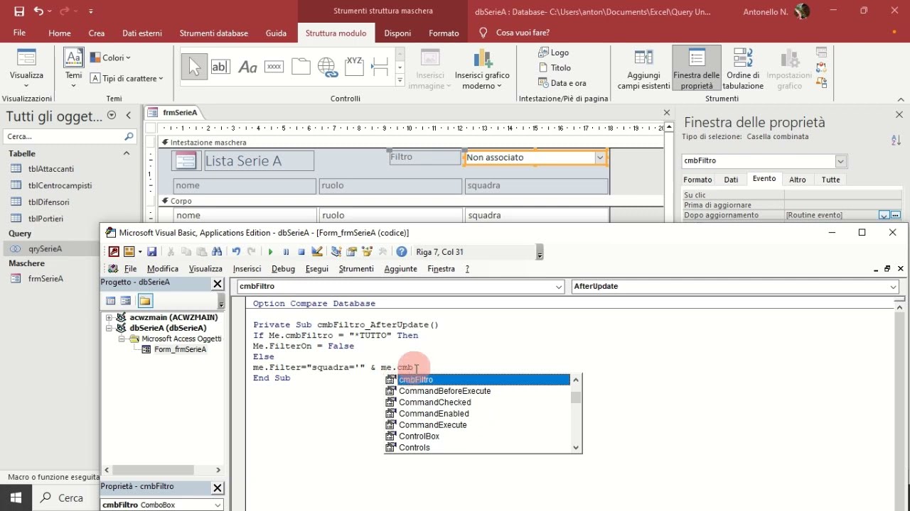 Filtro *TUTTO+ VBA + Query Unione + Casella Combinata   Access Data Base Calciatori
