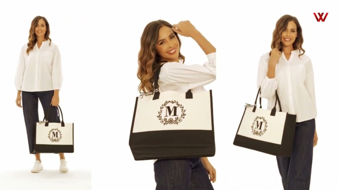 BeeGreen Gifts for Women: Monogram Initial Canvas Bag with Pocket Embroidery