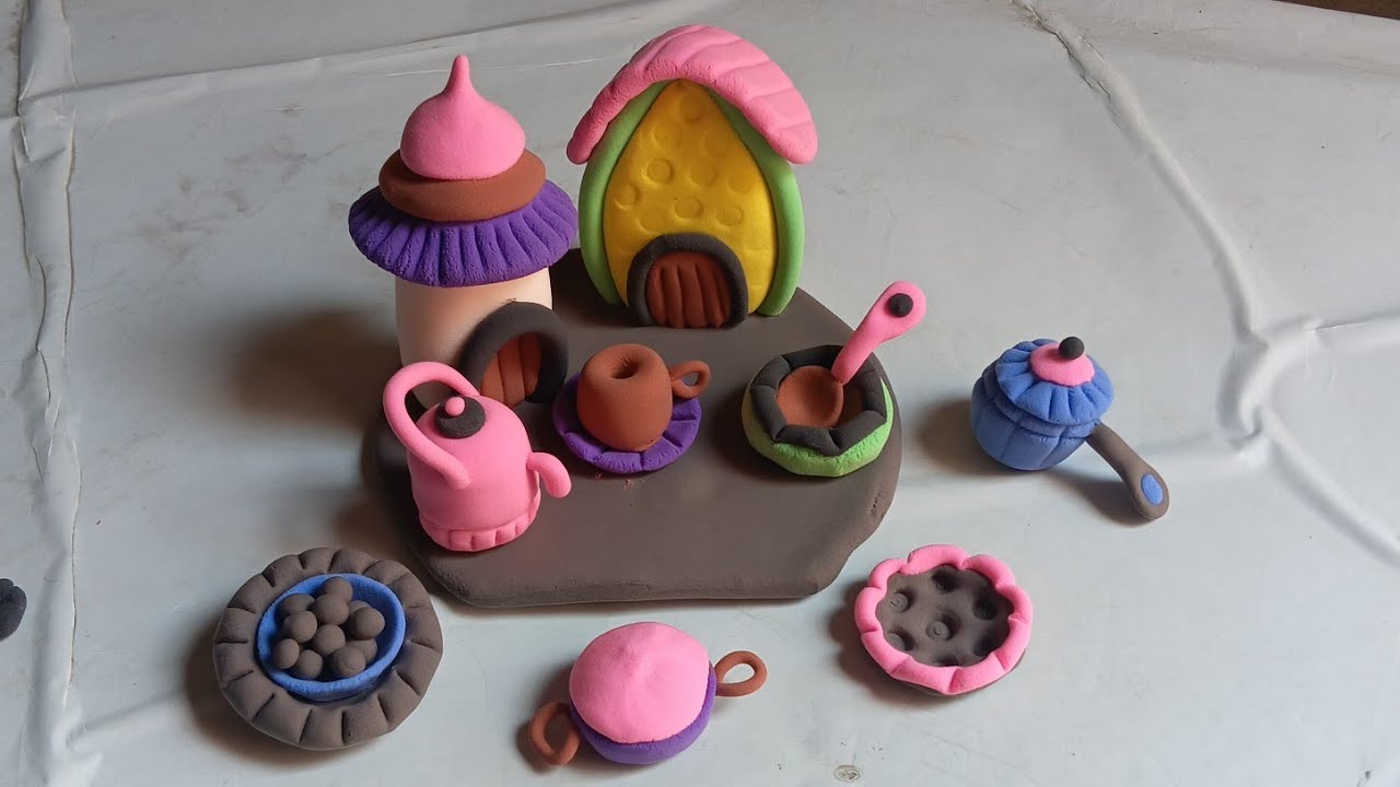 How to make homemade polymer clay house making with kitchen set, clay hut cottage live stream video,