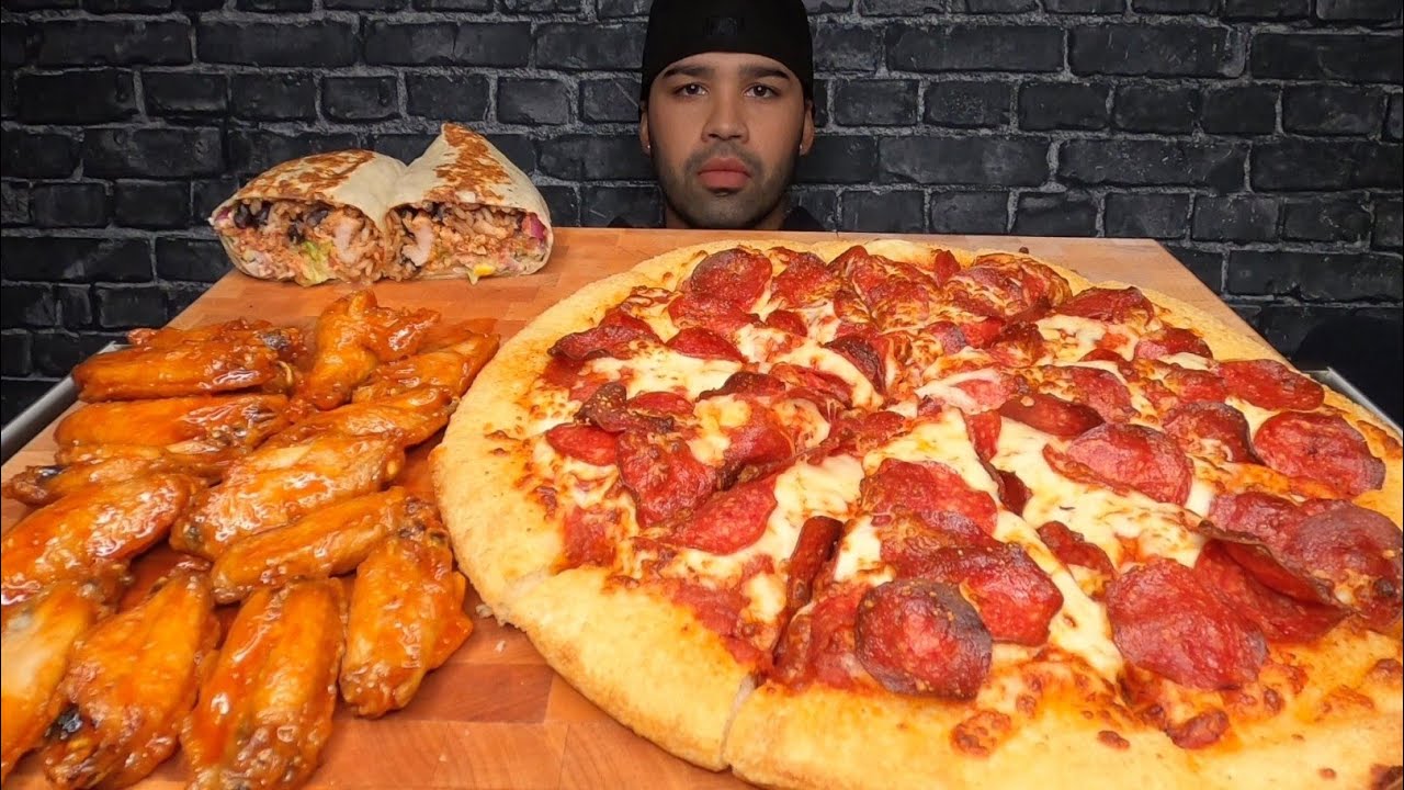 (ASMR NO TALKING) PEPPERONI & CHEESE PIZZA, BBQ WINGS,  AND BURRITO MUKBANG