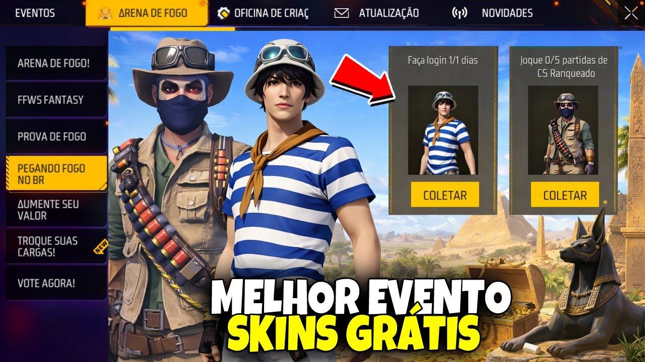 🚨 CORRE AGORA! PEGUEI C&Oacute;DIGUIN, 2 AVENTUREIROS GR&Aacute;TIS + SKINS PARA TODO MUNDO NO FREE FIRE!