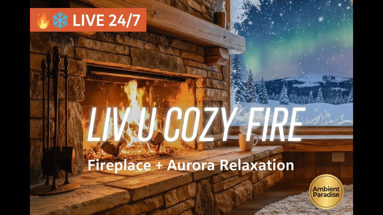 🔥❄️ Cozy Ambient Fire Crackle 24/7 | Fireplace + Aurora Relaxation