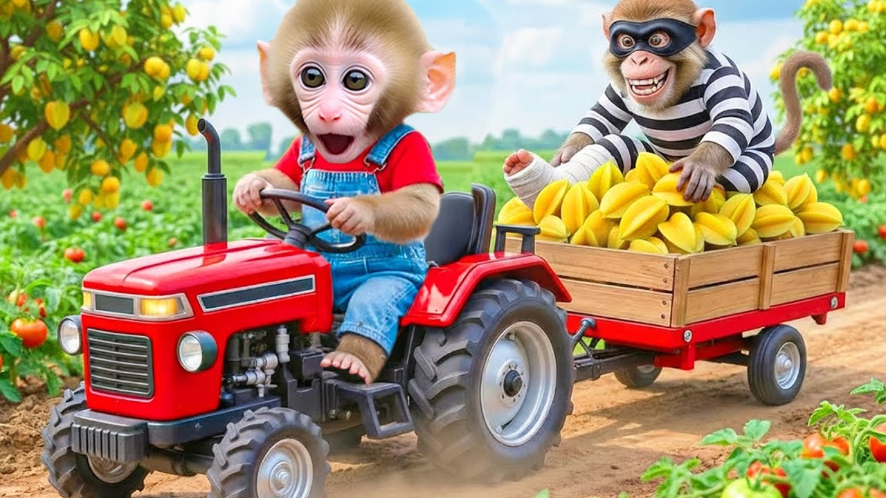 Monkey Nana drives a tractor carrying watermelons, but a UFO teases her and turns them giant.
