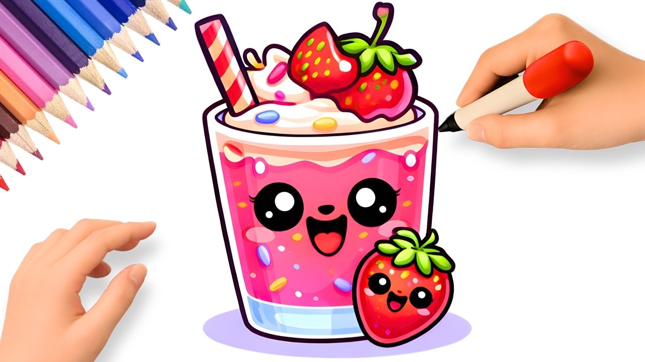 HOW TO DRAW A CUTE STRAWBERRY MILKSHAKE 🍓