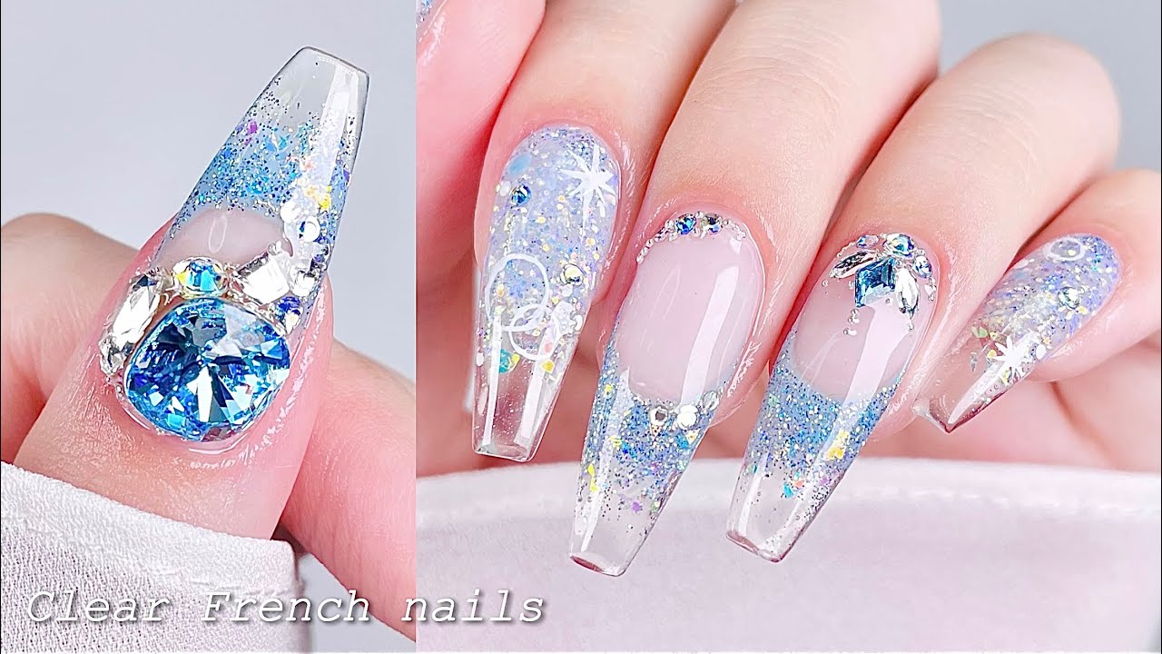 sub) glitter, clear French nail💎| nail tip extension | glitter nail | selfnails | nails