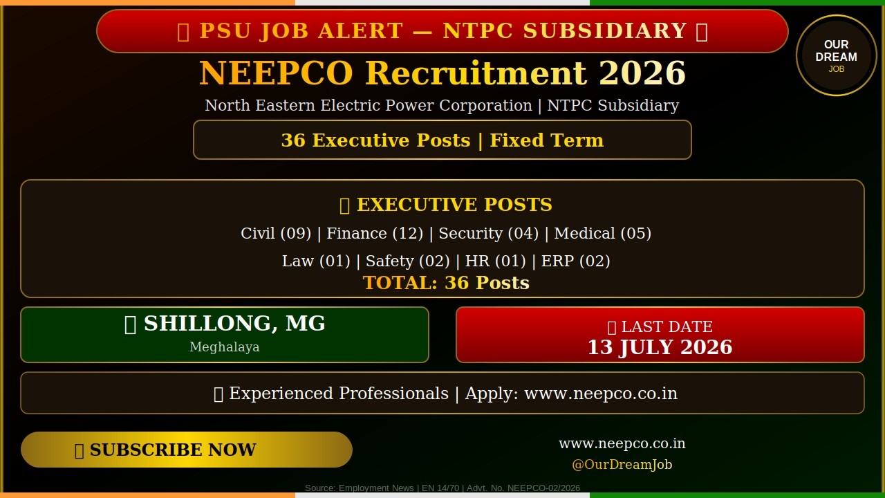 NEEPCO Recruitment 2026 | 36 Executive Posts | NTPC Subsidiary | Shillong | Our Dream Job