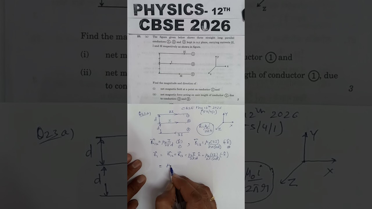 The figure given below shows three straight long parallel conductors 1, 2 and 3 kept in x-y plane, c