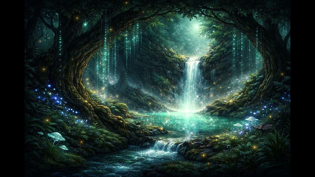 Moonlit Spirit Waterfall – Enchanted Forest Deep Focus Ambient (1 Hour)