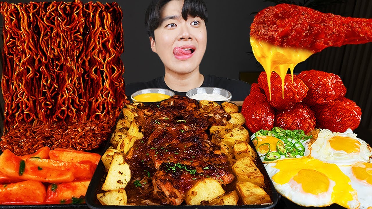 ASMR MUKBANG | Жареный цыпленок, стейк, лапша с черной фасолью, кимчи Корейская еда