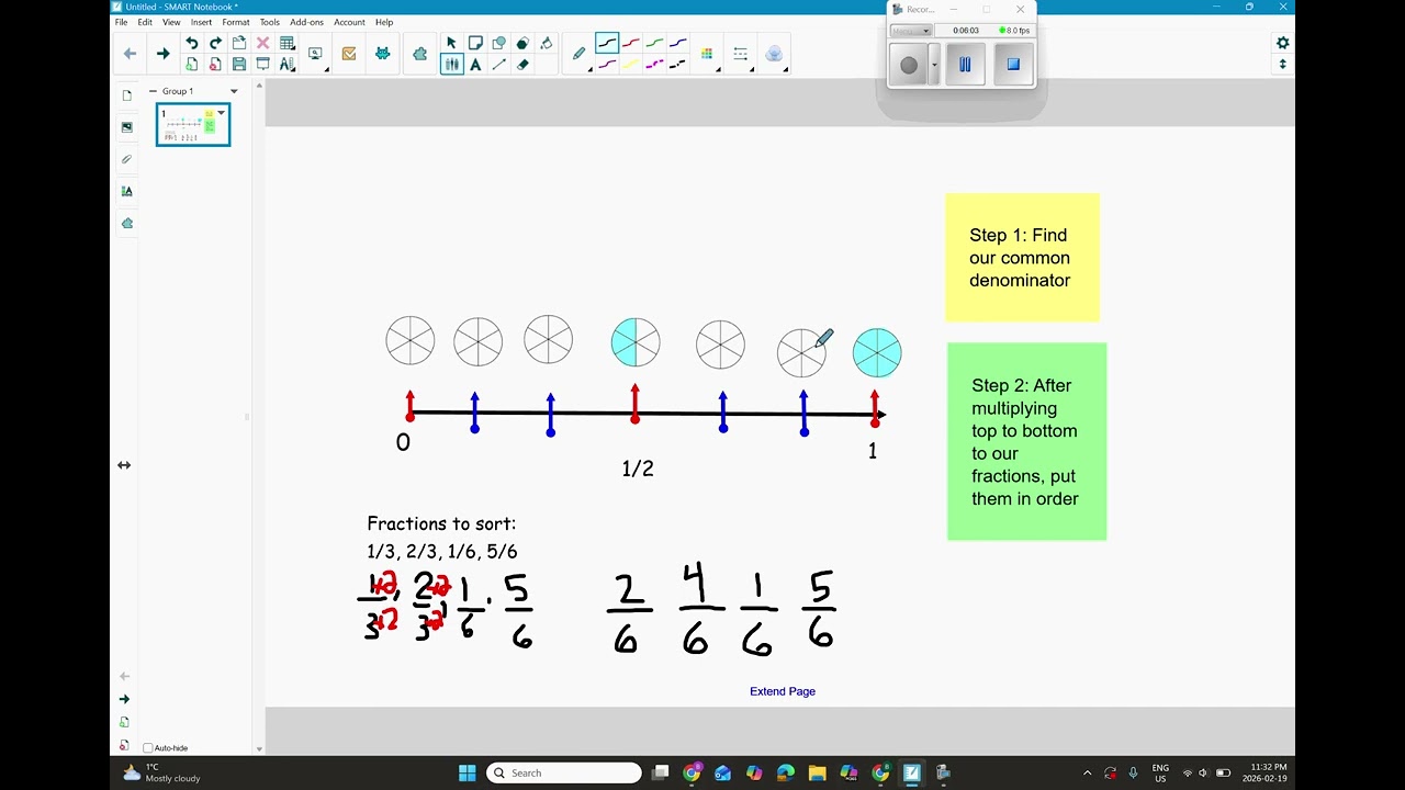 Ordering fractions on a number line