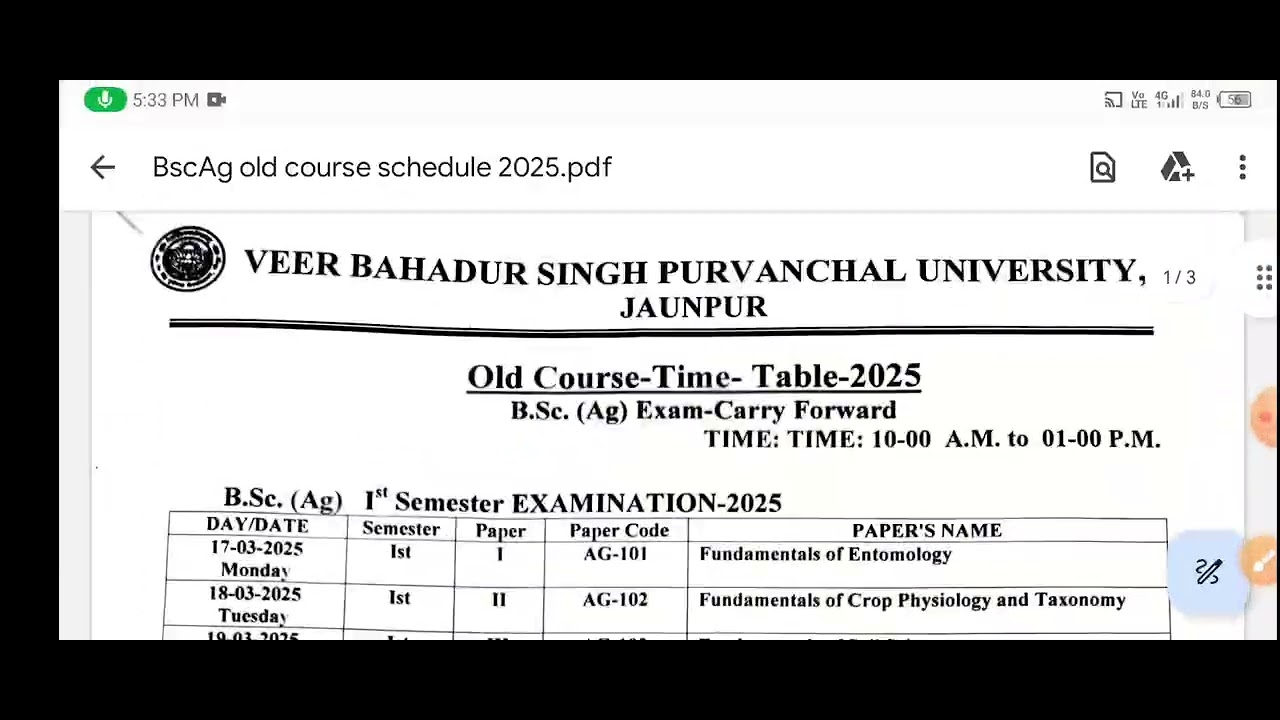 Vbspu Odd semester exam time table 2025