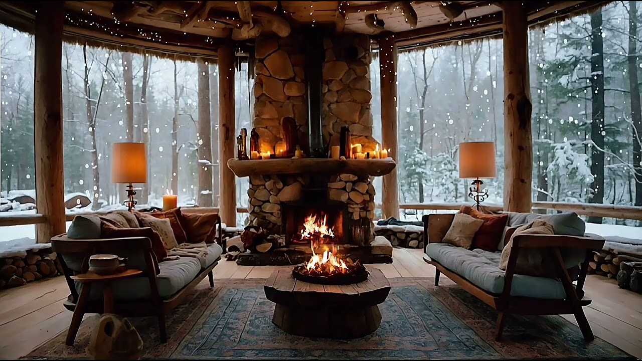 Soft Piano & Crackling Fireplace | Snowy Winter Night Ambience